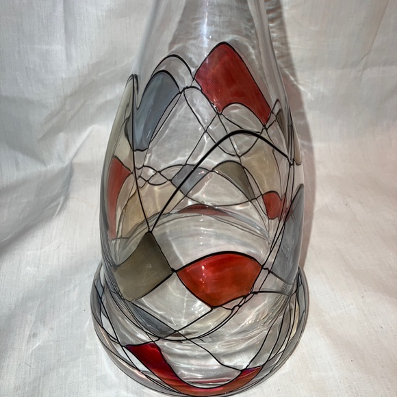 Vintage Stained Glass Wine Decanter With Stopper. Silver, blue, red with black. - Picture 4 of 9